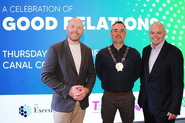 Newry, Mourne and Down Council Chairperson, Councillor Philip Campbell with l-r event host Barra Best, BBC Weather Presenter and Peter Osborne, former Chair of the Community Relations Council.