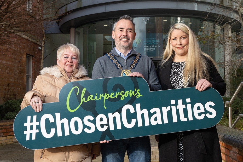 Chairperson Cllr Philip Campbell announces his two chosen charities with Pam Nugent, BEM, Co-Founder and Chairperson of The Laurence Trust and Shelagh Smyth, Service Delivery Manager for Head Injury Support.