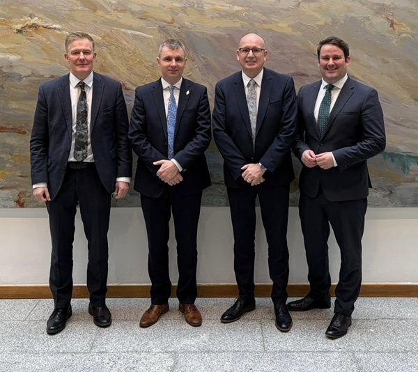 Dr Conor Patterson, President of Newry Chamber, Ruairí Ó Murchú TD, Michael Savage, CEO of Newry Chamber and John McGahon, CEO of Dundalk Chamber pictured in the Oireachtas after both Chambers addressed the Implementation of the Good Friday Agreement Committee on Tuesday.