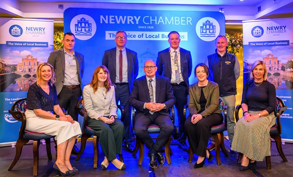 Meet the Ministers event in Warrenpoint. Pictured are back Row from left: Ronan Callan, The Exact Group, Cathal O’Neill, Kilmorey Care, Chamber President, Dr Conor Patterson, Anthony McVeigh, S&W Wholesale. Front Row from left: Deborah Loughran, Chamber Board Member, Dr Caoimhe Archibald MLA, Economy Minister, Chamber CEO, Michael Savage, Liz Kimmins MLA, Infrastructure Minister, Chamber CEO, Michael Savage and Margaret McNamee, Southern Regional College.