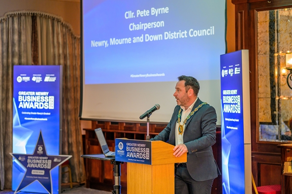 Cllr. Pete Byrne, Chairperson of Awards Principal Sponsor, Newry, Mourne and Down District Council speaking at the launch of the 2025 Greater Newry Business Awards.