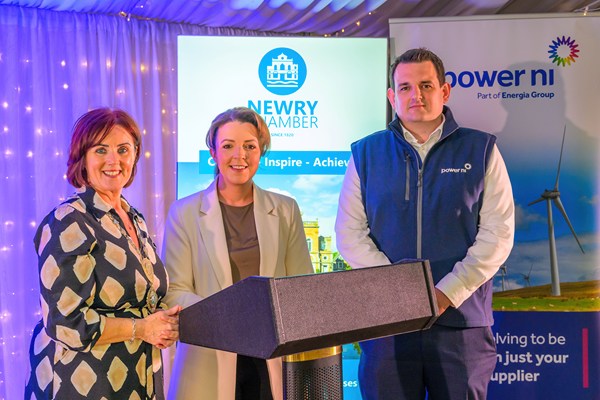 Pictured at Newry Chamber’s Fireside Chat event are from left: Edwina Flynn, Chamber President; Liz Kimmins MLA, Infrastructure Minister, and Gary Sneddon, Key Account Manager at Event Sponsor, Power NI.