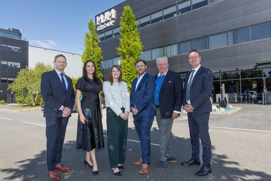 Launching the Manufacturing and the Northern Ireland Economy report are from left: Gary Annett, MJM Marine; Naoimh McAteer, Rathbane Group; Economy Minister Dr Caoimhe Archibald; Conleth McConville, Rathbane Group; Brian McConville, Rathbane Group; Stephen Kelly, Manufacturing NI.