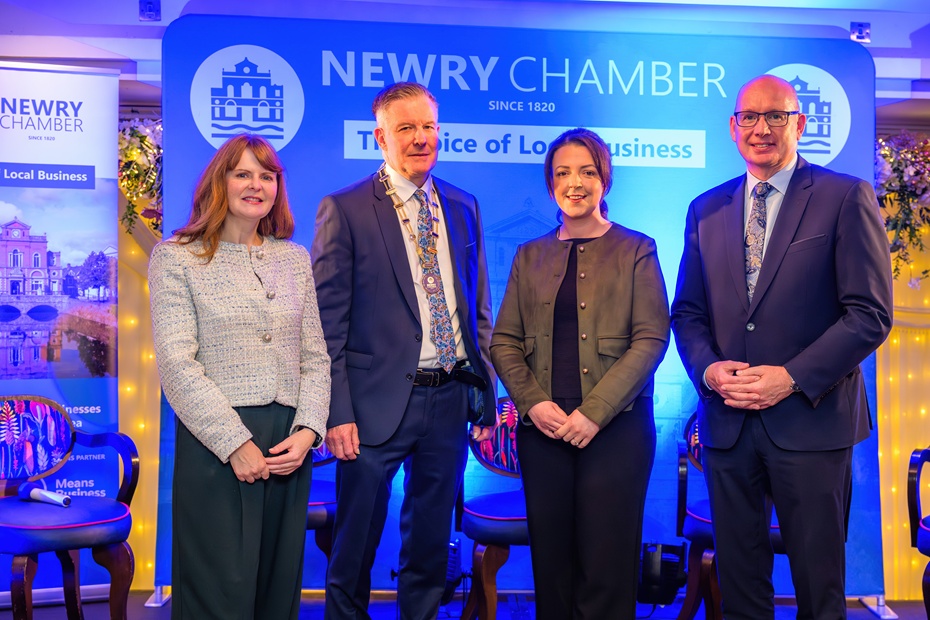 Pictured at the Meet the Ministers event are from left: Dr Caoimhe Archibald MLA, Economy Minister, Chamber President, Dr Conor Patterson, Liz Kimmins MLA, Infrastructure Minister and Chamber CEO, Michael Savage.