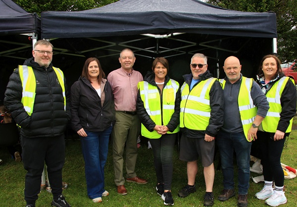 Members of the Belleeks Regeneration Group at the Party in the Park event with Slieve Gullion councillors Mickey Larkin (third left) and Oonagh Magennis (second left). Included are Tony Bradley, Paula O’Neill, Martin Murphy, Chairperson P J Boyle and Sabrina Cumiskey.