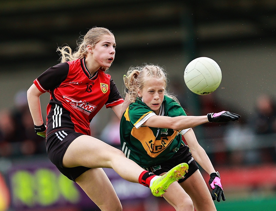 Action from the LGFA All-Ireland U14 Gold final match between Down and Kerry at St Brigid's GAA in Kiltoom, Roscommon. Photo by Thomas Flinkow/Sportsfile