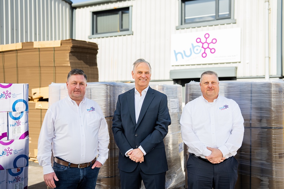 Pictured are Hub Packaging Commercial Director Russell Brennan, CEO Andrew Ward and Director of Sustainability & Governance Julian Coldrick