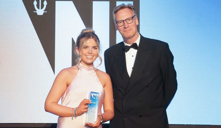 Made in NI Apprentice of the Year Aoife Rooney.  Aoife was presented with her award by Philip Cunliffe, Business Editor for Insider Media.  Aoife is presently undertaking her Business HND as a Higher Level Apprentice and is employed by Collins Aerospace.