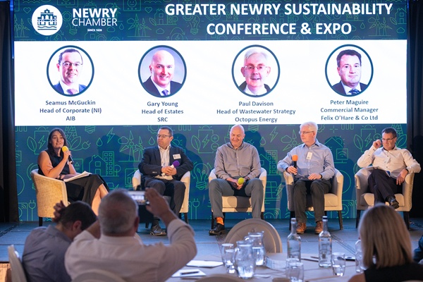 The Panel Discussion on the role of Green Credentials across our supply chains with Moderator, Katie Heston, Biodiversity & Nature Reporting Lead, Clearstream Solutions, Seamus McGuckin, Head of Corporate (NI), AIB, Gary Young, Head of Estates, Southern Regional College, Paul Davison, Head of Wastewater Strategy, Northern Ireland Water, Peter Maguire, Commercial Manager, Felix O’Hare & Co Ltd.