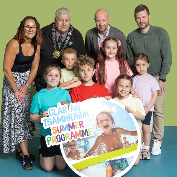 Newry, Mourne and Down District Council Chairperson Councillor Glyn Hanna (back, second left) at the launch of the Be Active Summer Programme with participants front row (from left) Emily McKendry, Shea Fitzsimmons, Tyler McKendry, Charlotte Barker, Emily Kilmartin and Orla Fitzsimmons. Included are back row (from left) NMDDC officials Kerri McConnell (Acting Head of Indoor Leisure), Andrew Patterson (Active and Healthy Communities Director) and Robert Geary (Sports Development Manager).