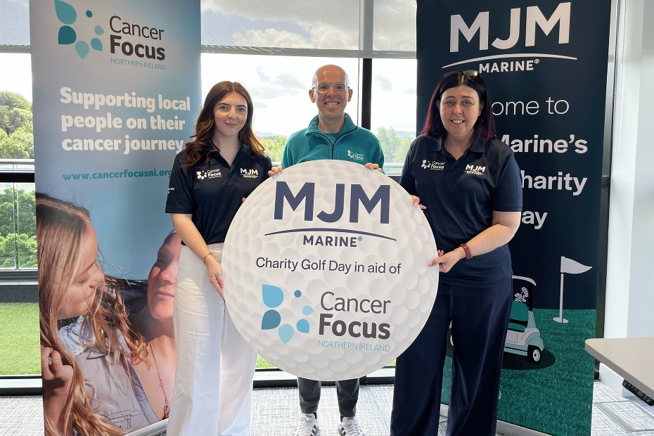 Pictured at the launch of MJM Marine's Annual Golf Day are Mary Payne, MJM Marine, Social Health & Wellbeing Committee, Eoin Caughey, Fundraising Officer, Cancer Focus NI, MJM's Charity Partner of the Year and Paula McDermott, HR Manager, MJM Marine.
