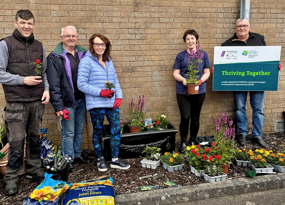 Elaine Devlin (second right) from Conservation Volunteers, with some of those who took part in the recent community planting session at Meigh Community Centre as part of the ongoing Bloom and Branch initiative which is part of Newry Mourne and Down Districts Council’s Local Action Plan’s Thriving Together initiative, which is supported by PEACEPLUS, a programme managed by the Special EU Programmes Body (SEUPB). Included from left: Michael Cunningham, Joe Bradley, Josephine Bradley and Enda Hughes.
