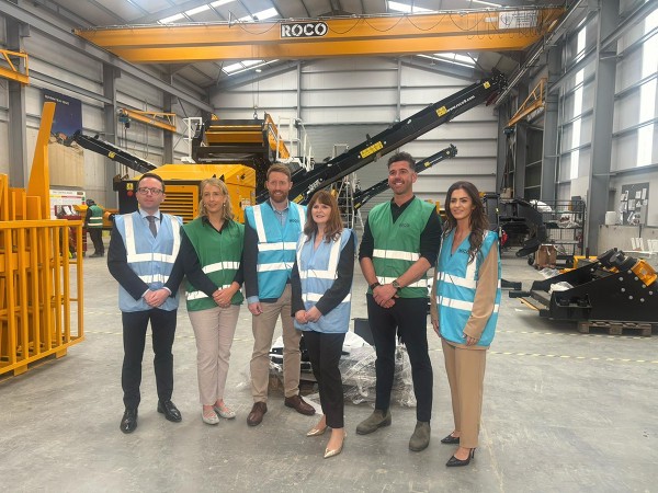 Aoife Finnegan MLA and Dáire Hughes MP with Economy Minister Caoimhe Archibald and Roco staff