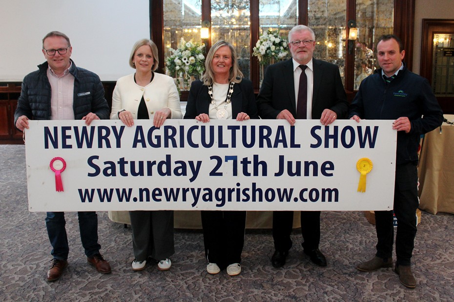 Chatting at the launch of Newry Show 2026 l to r: Mark Forsythe, Danske Bank; Gail Toal, NFU Mutual Insurance Company; Councillor Geraldine Kearns, Deputy Chair, Newry, Mourne and Down District Council; Brian Lockhart, Chairman, Newry Show Society and Albert McCarragher, Fane Valley