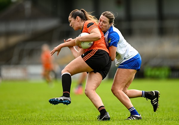 Caroline O'Hanlon of Armagh in action against Karen McGrath of Waterford during the LGFA TG4 All-Ireland Senior Championship round 3 match between Armagh and Waterford at BOX-IT Athletic Grounds in Armagh. Photo by Ramsey Cardy/Sportsfile