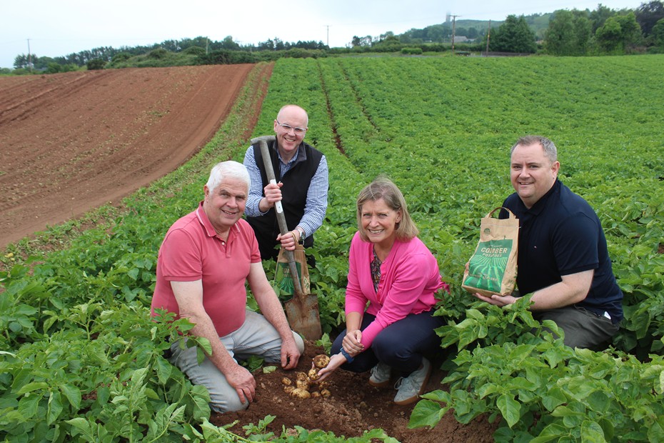 Sampling the first of this year's Comber Earlies: Co Down potato grower, William Gilmore (left) and Joanne Weir from Wilson's Country. Joining them were Nigel Doherty and Stephen Galbraith (right), from TESCO