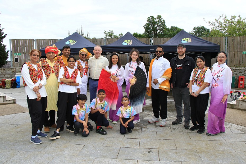 Slieve Gullion councillors Martin Hearty (third right) and Mickey Larkin with some of the performers at the Forest Feasts and Woodland Beats celebration.