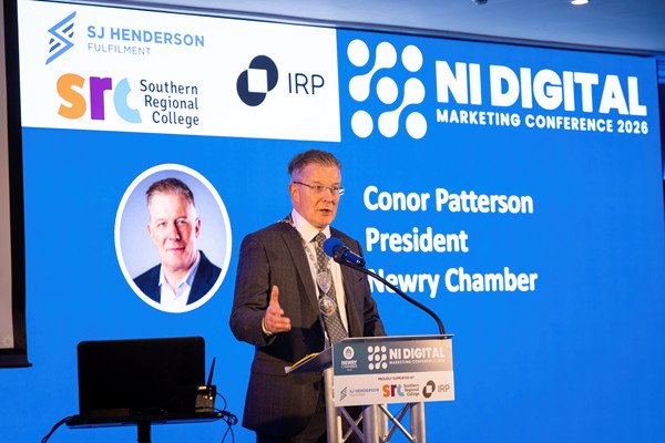 Dr Conor Patterson, President of Newry Chamber welcoming 100+ attendees to this year’s NI Digital Marketing Conference in a packed Canal Court Hotel, Newry.
