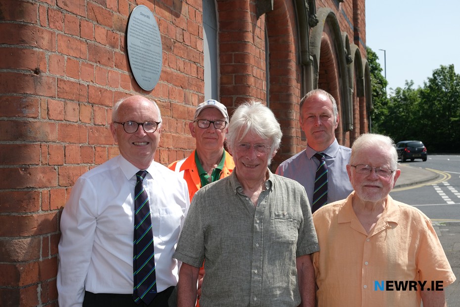 Pictured at the unveiling of a history plaque at Sands’ Mill by the Sinclair Trust and Old Newry Society were from left: Patrick Savage, Chairman, Fane Valley; Victor Courtney, Maintenance, Fane Valley; Peter Sinclair, Sinclair Trust; George Blackwood, Vice Chairman, Fane Valley and Tom Moore, Old Newry Society. Photograph: Columba O’Hare/ Newry.ie 