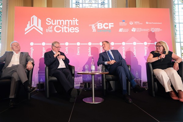 A Panel Discussion included from left; John Walsh Chief Executive Belfast City Council, Richard Shakespeare Dublin City Council, Bill de Blasio Former NYC Mayor, and Marie Ward Chief Executive Newry, Mourne & Down District Council. 