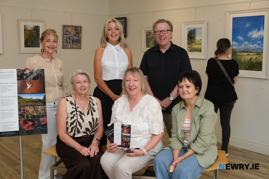 Pictured at the Community Collaboration of Female Artists exhibition in Newry Library are from left: Karen Porter, Moninna Birch, Yvonne Houghton, Rosemary Taylor, Nigel Whiteside, Tutor and Gillian Rodgers. Photograph: Columba O’Hare/ Newry.ie 