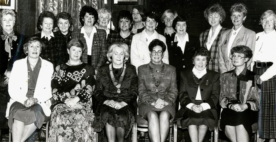 President of Newry Inner Wheel, Mrs. Geraldine Loughran, officers and members welcome District Chairperson, Mrs. Marie Flood to Newry, March 1993. Newry and Mourne Museum Collection