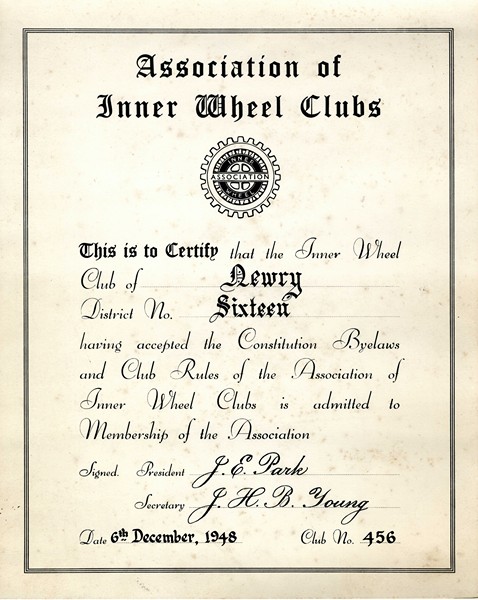 Certificate presented to Newry Inner Wheel on 6th December 1948 granting its membership into the Association of Inner Wheel Clubs. Newry and Mourne Museum Collection