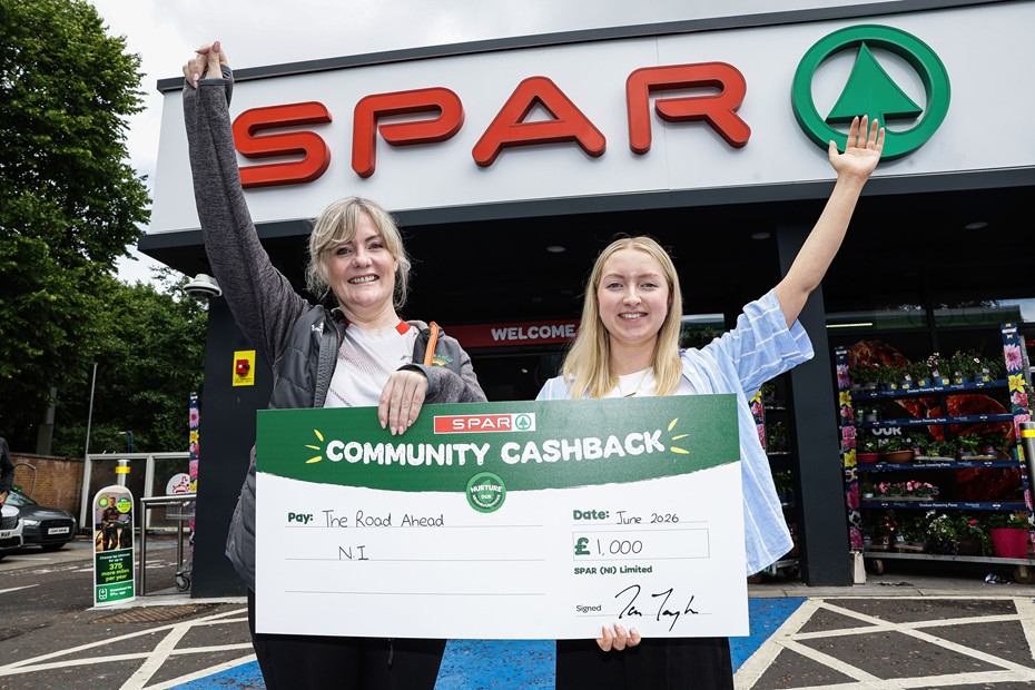 The Road Ahead NI: Monica Heaney from The Road Ahead NI is pictured with Bethany Priestley from SPAR NI, receiving £1,000 as part of the 2026 SPAR Community Cashback Grant.  