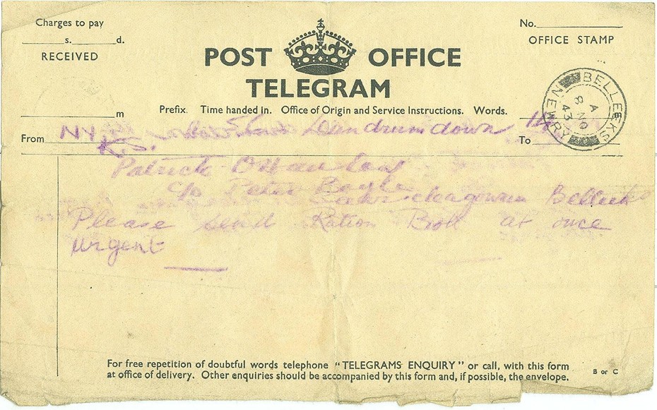 Post Office Telegram sent to Patrick O’Hanlon Belleeks, requesting a ration book. Newry & Mourne Museum Collection