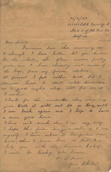 Letter from Charles Murray, No.2 S of TT Hut P.6, Cosford, to his sister, Annie, dated  21 April 1943. Refers to his arrival at RAF Cosford (Staffordshire) and says he has asked to be posted near home to help with the harvest. Newry & Mourne Museum Collection