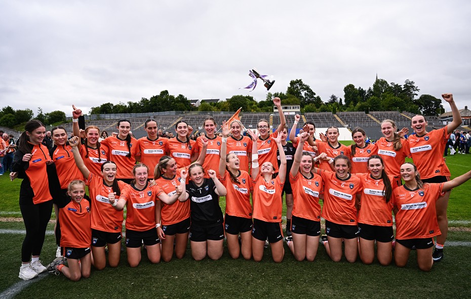 Armagh players celebrate with the cup after the LGFA ZuCar All-Ireland U18C Championship final match between Armagh and Longford at St Tiernach’s Park in Clones, Monaghan. Photograph: Ben McShane/Sportsfile