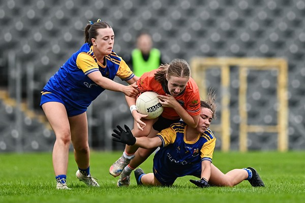 Caoimhe Gollogy of Armagh in action against Lauren Maguire, right, and Ally Tiernan of Longford during the LGFA ZuCar All-Ireland U18C Championship final match between Armagh and Longford at St Tiernach’s Park in Clones, Monaghan. Photo by Ben McShane/Sportsfile