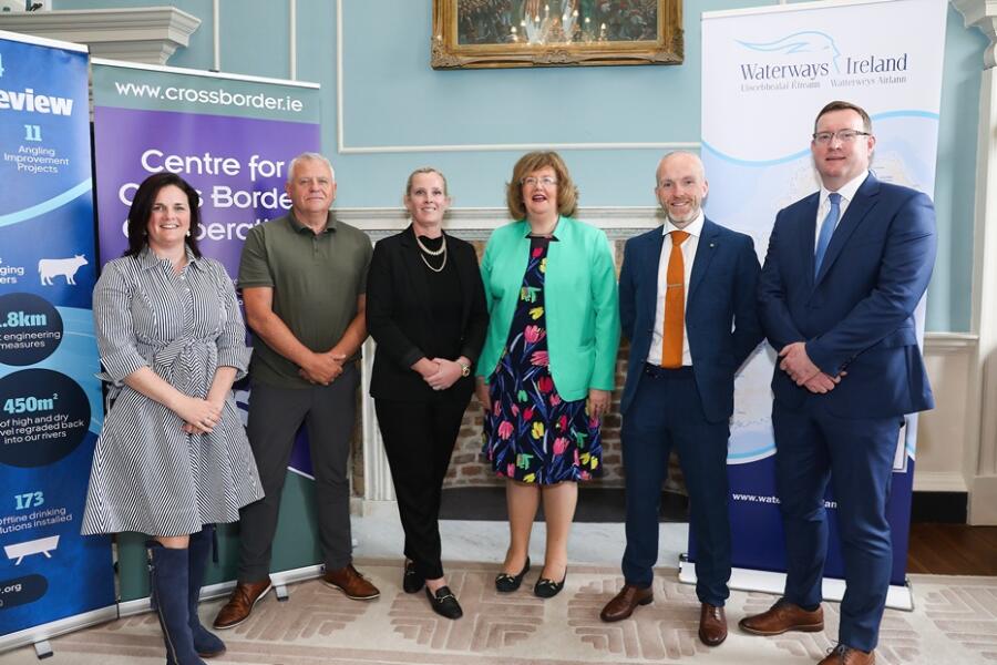 Loughs Agency staff pictured at the event. From left: Sarah McLean (Head of Science), Conor Corr (Board Member), Heather Higgins (Chair), Leas-Chathaoirleach Maria Byrne, JP O'Doherty (Joint Interim Designated Officer) and Ciaran McGonigle (Joint Interim Designated Officer)