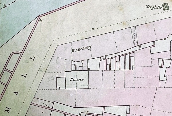 1861 Ordnance Survey Map showing the dispensary on the Mall, where medical officers provided medical assistance, dental work, vaccinations and latterly registration services.  Newry & Mourne Museum Collection