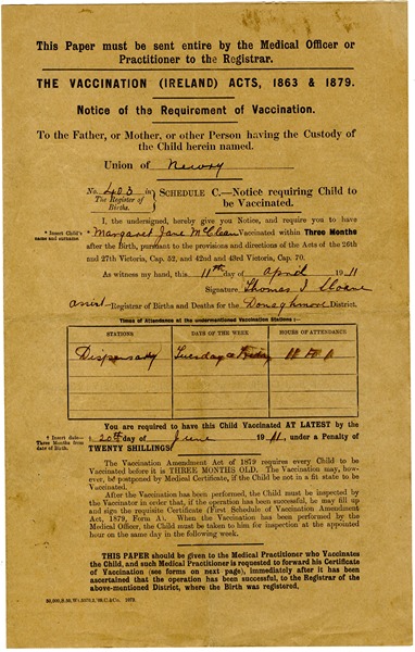 Vaccination notice dated 11 April 1911, signed by Thomas Sloane, Assistant Registrar of Births, and Deaths for the Donaghmore District. Newry & Mourne Museum Collection 