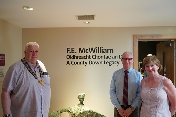 Newry, Mourne and Down District Council Chairperson, Councillor Glyn Hanna, at the launch of the new exhibition at the Down County Museum with Jason Diamond from the F.E. McWilliam Gallery & Studio based in Banbridge and Newry, Mourne and Down District Council’s Head of Culture, Arts, Heritage and Events, Caitriona Regan.