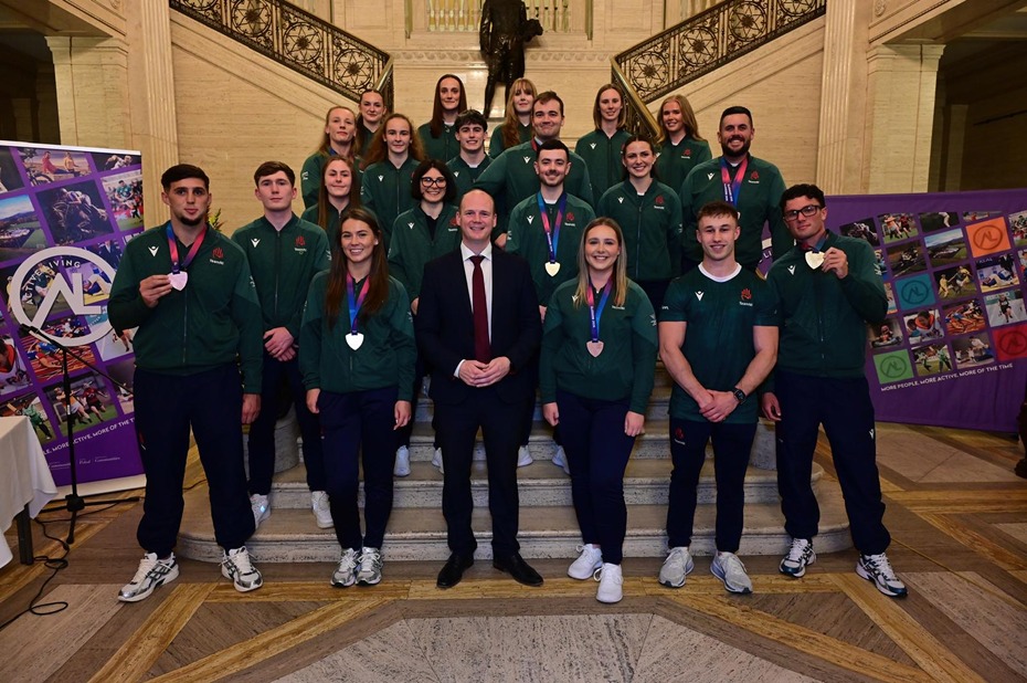 Communities Minister Gordon Lyons pictured with some of the Commonwealth Games Team NI athletes at a homecoming reception in Parliament Buildings.