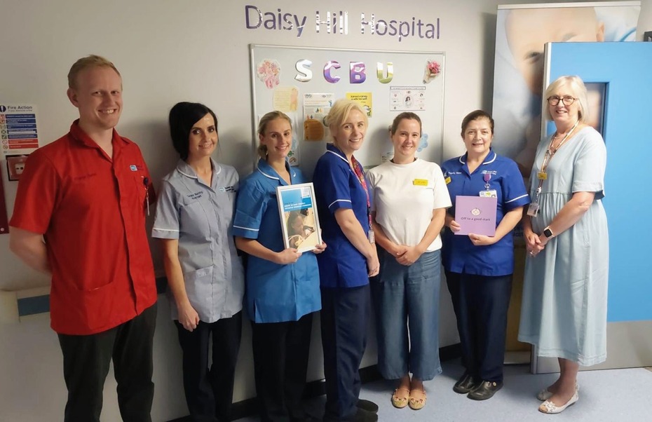 Head of Service for Paediatrics Bernie McGibbon, right and Ward Manager Jacob Moran Durham are pictured with the team in the Special Care Baby Unit (SCBU) in Daisy Hill Hospital.