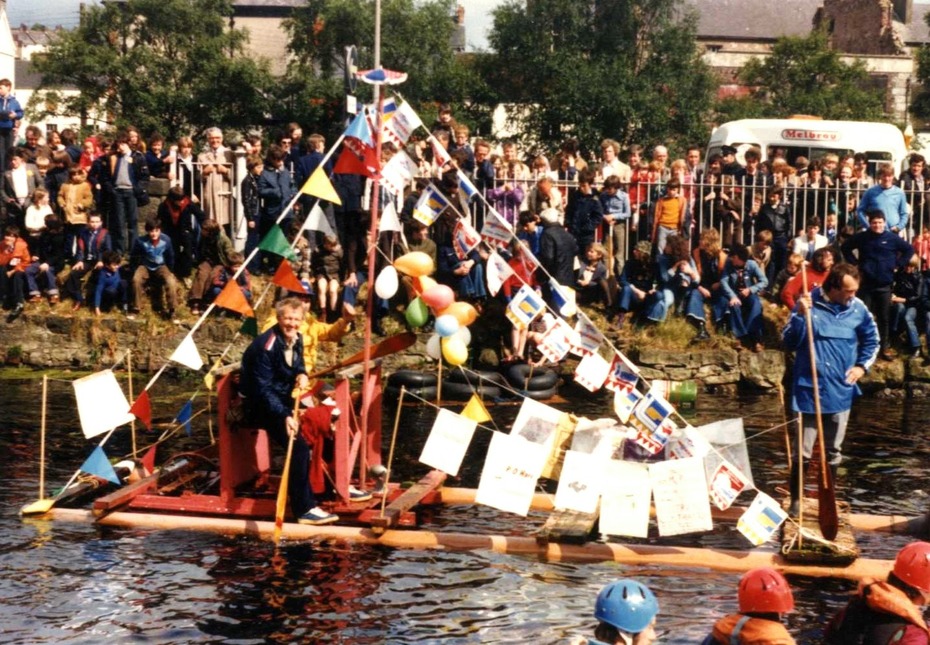 The bathtub race on Newry Canal was a highlight of the festival, where competitors over five different classes raced up the canal in their home-made rafts, 1980s. Newry & Mourne Museum Collection 