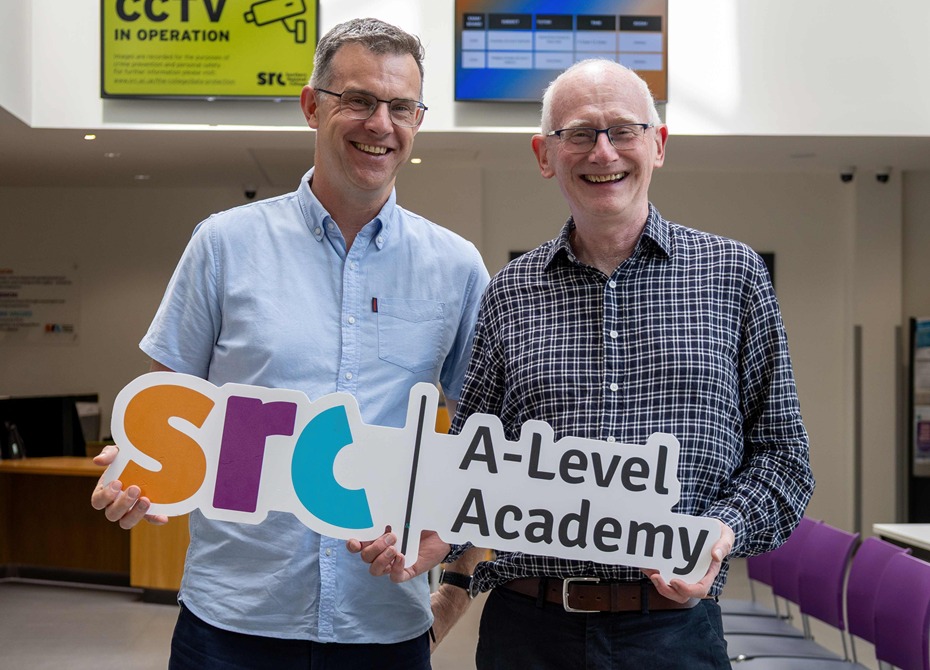 Mark Murphy, right, from Warrenpoint who studied A-Level History at SRC and is now considering progressing onto Higher Education to study a History or Art Degree. Murphy is pictured with Henry McCloy, SRC  Curriculum Area Manager 