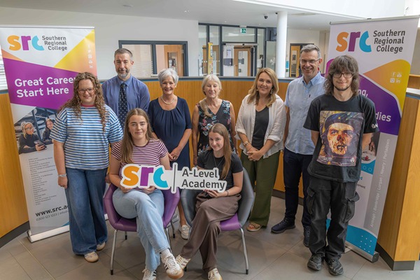 Celebrating A-Level success at Southern Regional College are Shea Edgar, Chloe Bruce, Grace Wills and Bethany Johnston pictured alongside Director of Curriculum Libby Shackels, Head of Faculty Stephen Rogan, Curriculum Area Manager Henry McCloy, Lead Program Coordinator and Lecturer in Digital Technology Julie McCarney and English Literature Lecturer Violet Bell. Together, the students achieved outstanding results across a range of subjects and are now preparing for the next stage of their education and careers.