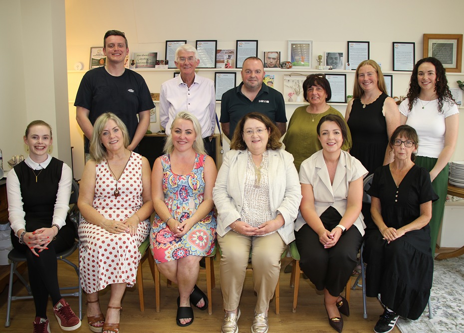 Judges Tom Dowling and Annamarie Delaney are pictured at the organisation’s office with, front row l-r, Liz Kimmins MLA, Minister for Infrastructure NI; Monica Heaney, Founder; judges Tom Dowling and Annamarie Delaney; Tricia O’Neill, Co-founder and Charity Development Officer; Councillor Doire Finn, Deputy Chairperson of NMDDC; and committee members, councillors and guests.