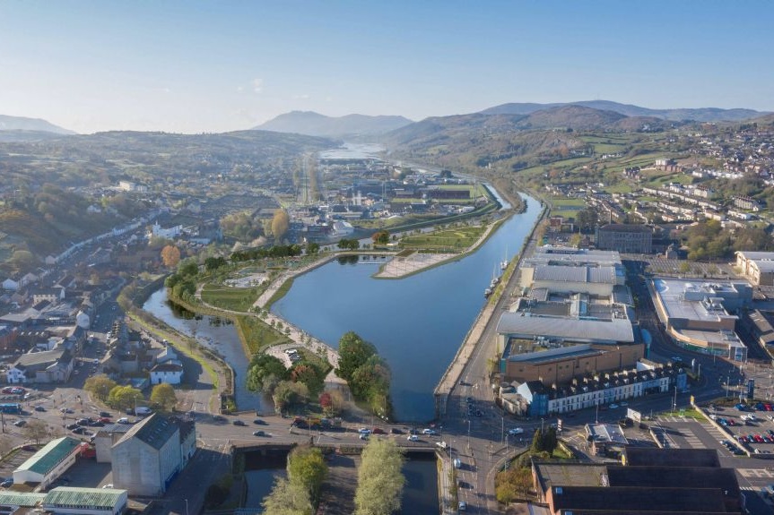 An artists impression of the proposed Newry City Park at the Albert Basin site.