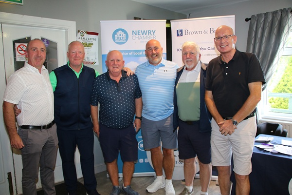 The Boden 'C' Team 2nd place with a score of 102 points in Newry Chamber of Commerce Annual Golf Day in Cloverhill Golf Club. From left: Anthony Boden along with Michael Savage presented Benny Tierney, Paul Owens, Shane Muckian and Seamus McGivern  with their prizes. Photograph: Liz Boyle