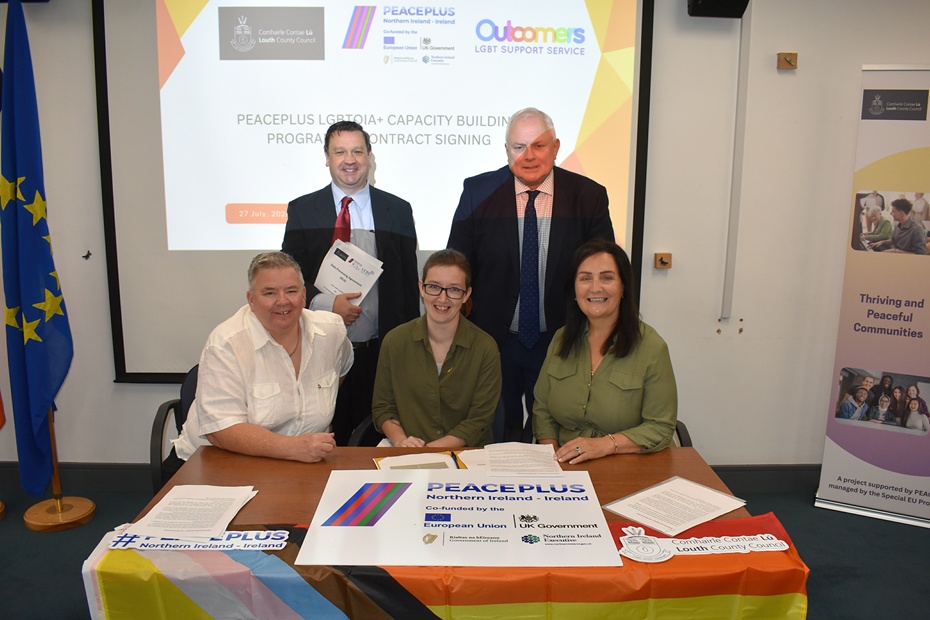 Outcomers LGBT+ Support Service with representatives from Louth County Council at the signing of the PEACEPLUS LGBTQIA+ Capacity Building and Community Empowerment Programme contract