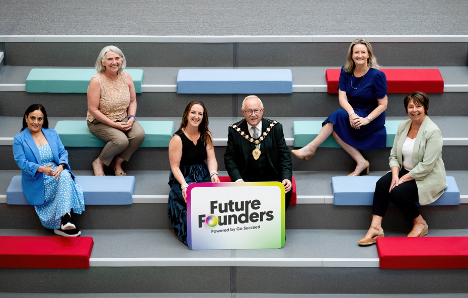 Go Succeed and Young Enterprise NI scheme returns for second year to inspire the next generation of ‘Future Founders’. Pictured launching the second year of the initiative at Northern Regional College, Ballymena, from left: Joanne McCourt, Northern Regional College; Jane Hanna, North East Area Manager of Young Enterprise NI; Christine Barnhill, Mid & East Antrim Borough Council; Alderman Thomas Gordon of Mid and East Antrim; Carol Fitzsimons MBE, Chief Executive of Young Enterprise NI; Christine Brown, Northern Regional College.