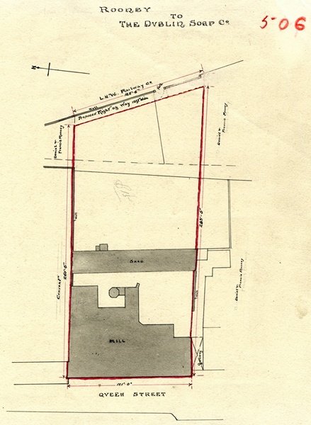 Copy of map outlining the mill site, from Rooney to the Dublin Soap Company, who acquired the building in 1909.  Newry & Mourne Museum Collection