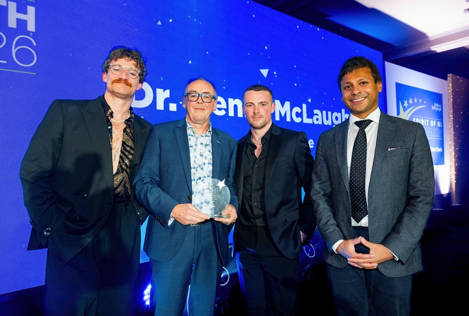 Blue Lights stars, Neil Keery (left) and Nathan Braniff (centre) present Dr. Henry McLaughlin with the Spirit of Health award. Also pictured is Dr. Niraj Mandal from category sponsor, Cathedral Eye Clinic (right).  