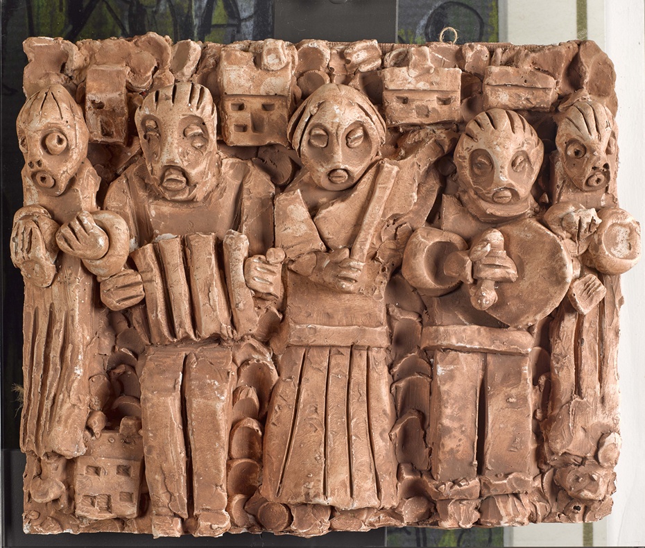 Plaster model of a detail of Proud People which depicts three traditional Irish musicians including an accordion player, a fiddler and someone playing the bodhran Newry and Mourne Museum Collection.