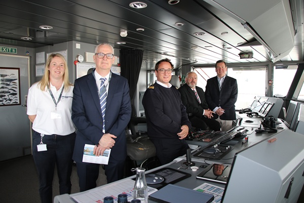 Pictured during Le Lapérouse’s visit to Warrenpoint Port is Danielle Rooney, Deputy Harbour Master Warrenpoint Port, Kieran Grant, Finance Director, Adrien Eyssautier, Le Lapérouse Captain, Michael Young, Port Harbour Master and David Holmes, Warrenpoint Port CEO.